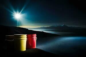 three buckets sit on the ground at night. AI-Generated photo