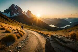 the man is walking on the road in the mountains. AI-Generated photo