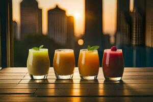 four different drinks are lined up on a table in front of a city skyline. AI-Generated photo
