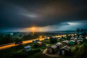 un Tormentoso noche en el aldea. generado por ai foto