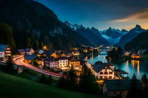 photo wallpaper the sky, mountains, river, town, night, mountains, switzerland, al. AI-Generated