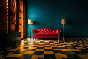 a red couch in a room with a checkered floor. AI-Generated photo