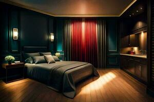 a bedroom with dark wood floors and a red curtain. AI-Generated photo