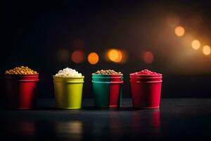 four colorful cups with different types of food. AI-Generated photo