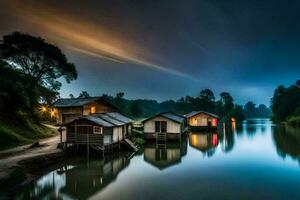 houses on the water at night with a cloudy sky. AI-Generated photo