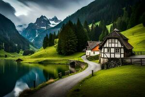 a house sits on a hill overlooking a lake. AI-Generated photo