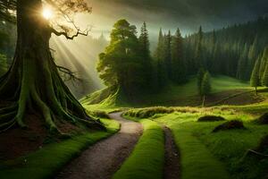 a path leads through a green forest with trees and sun. AI-Generated photo