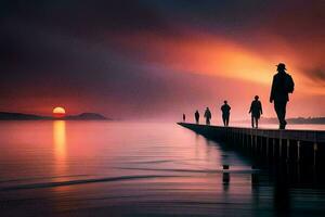 personas caminando en un muelle a puesta de sol. generado por ai foto