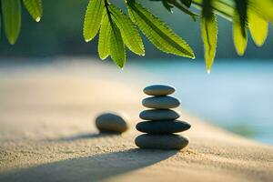 a stack of stones on the beach with a palm tree in the background. AI-Generated photo