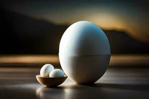 two eggs sit in a wooden bowl on a table. AI-Generated photo