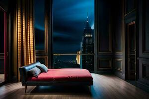 a bedroom with a view of the city at night. AI-Generated photo