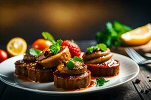 un plato de comida con carne y vegetales. generado por ai foto