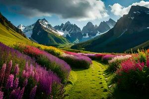 el flores son floreciente en el montañas y el cielo es azul. generado por ai foto