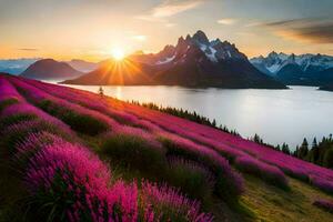 the sun rises over a lake and purple flowers. AI-Generated photo