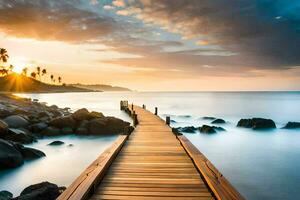 a wooden bridge leads to the ocean at sunset. AI-Generated photo
