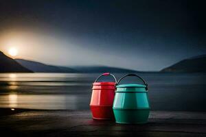 two colorful buckets sit on the ground near a lake. AI-Generated photo