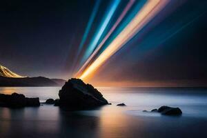 a long exposure photograph of a mountain and a rock in the ocean. AI-Generated photo