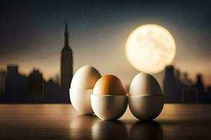 three eggs are sitting in an egg shell on a table with a city in the background. AI-Generated photo