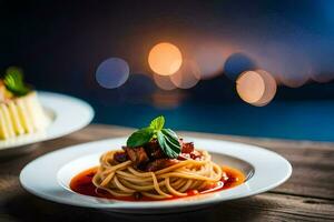 spaghetti and meatballs on a plate. AI-Generated photo
