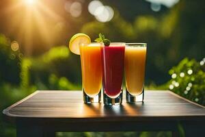 three glasses of juice on a table in the sun. AI-Generated photo