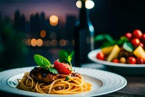 spaghetti with meat and berries on a plate. AI-Generated photo