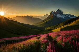 the sun rises over a field of purple flowers and mountains. AI-Generated photo