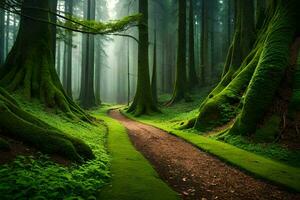 un camino mediante un verde bosque con cubierto de musgo arboles generado por ai foto