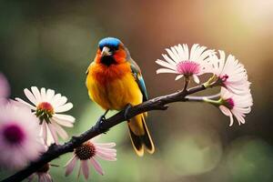 un vistoso pájaro se sienta en un rama con rosado flores generado por ai foto
