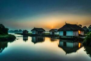 photo wallpaper the sky, water, house, the countryside, the river, the house, the. AI-Generated