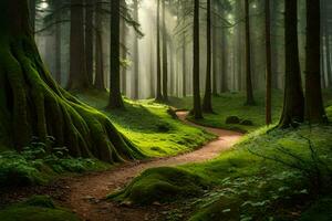 a path through a green forest with mossy trees. AI-Generated photo