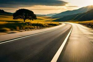 un largo vacío la carretera en el medio de un campo. generado por ai foto