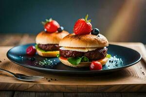 two hamburgers on a plate with berries. AI-Generated photo