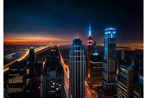 el ciudad horizonte a noche con luces en. generado por ai foto