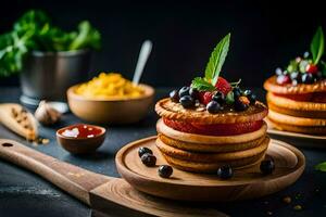 a stack of pancakes with berries and herbs. AI-Generated photo