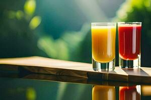 dos lentes de naranja jugo en un mesa. generado por ai foto