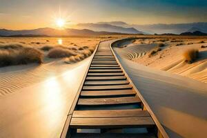 a wooden walkway leads to the sun in the desert. AI-Generated photo