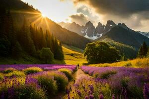 photo wallpaper the sky, mountains, flowers, the sun, the path, the flowers, the. AI-Generated