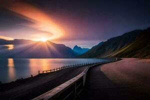 el Dom brilla terminado un la carretera y un lago. generado por ai foto