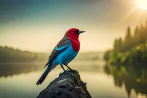 a red and blue bird sitting on a log near a lake. AI-Generated photo