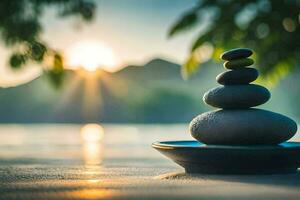 un apilar de piedras en un playa a puesta de sol. generado por ai foto