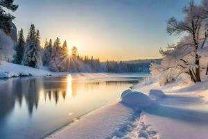 photo wallpaper the sky, snow, trees, river, sun, winter, the winter, the. AI-Generated