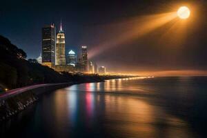 el Luna es brillante terminado el ciudad horizonte a noche. generado por ai foto