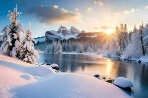 foto fondo de pantalla el cielo, nieve, árboles, montañas, río, sol, el montañas, el. generado por ai