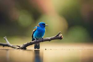 a blue bird sitting on a branch in the water. AI-Generated photo