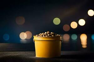 a bucket of nuts on a table with bokeh lights. AI-Generated photo