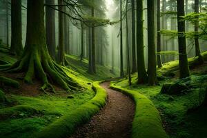 a path through a green forest with trees and moss. AI-Generated photo