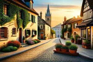 an old european street with houses and flowers. AI-Generated photo
