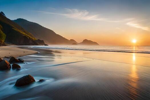 el Dom conjuntos terminado un playa con rocas y agua. generado por ai foto