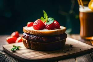 a strawberry cheesecake with strawberries and mint on a wooden table. AI-Generated photo