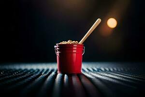 a red bucket with a wooden spoon sitting on top. AI-Generated photo